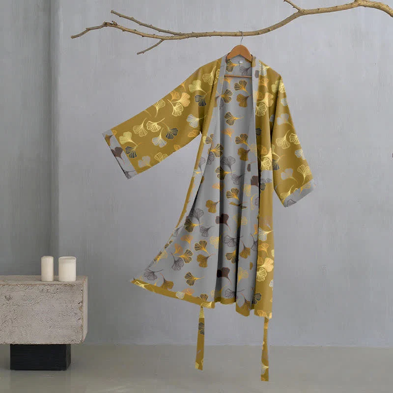 Sustainable Ownkoti Ginkgo Biloba Cotton Gauze Kimono Robe Fine Crafted