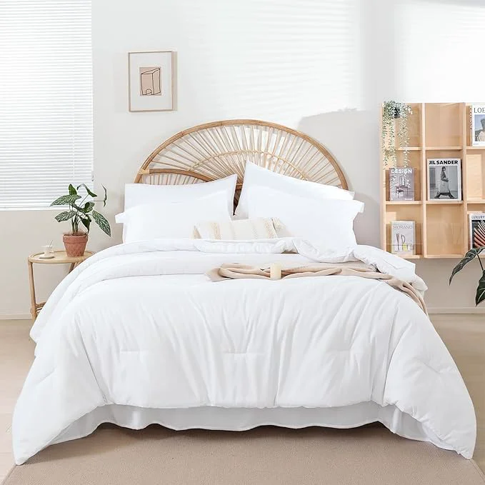 Premium weigelia Queen Comforter Set White Comforter Set Queen 7 Pieces Bed in a Bag Queen Size Bedding Set with Fitted Sheets Flat Sheets Pillow Shams and Pillowcases Reusable