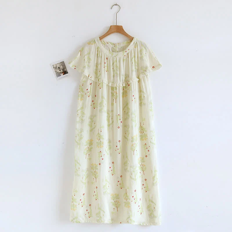 Unique Ownkoti Ruffle Neck Green Floral Cotton Nightgown Fast