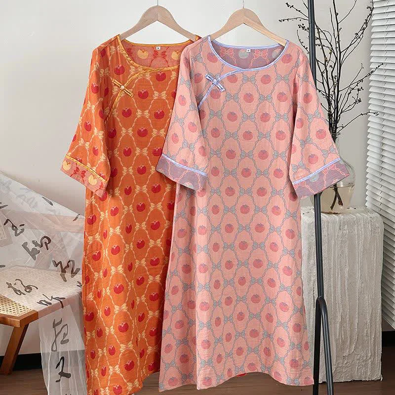 Official Ownkoti Persimmon Bow Cotton Gauze Jacquard Nightdress Original Design
