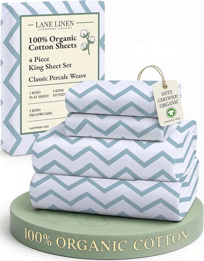 Practical LANE LINEN Organic Cotton Printed King Sheets Soft amp Comfy Percale Sheets Naturally Temperature Regulating Mercerized Cotton Fully Elasticized Printed King Bedding Set-Chevron Classic