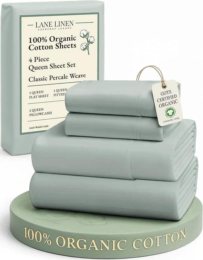 Easy-to-Use LANE LINEN Organic Cotton Queen Sheets Fully Elasticized Soft amp Comfy Classic Percale Weave Low Pill Fade Resistant Machine Washable Sheet amp Pillowcase Sets 15 quot Deep Pocket- Cool Blue World-Class