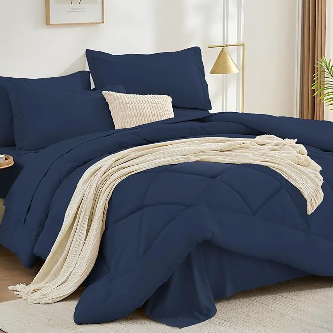 Versatile FUANNA 7 Pieces Queen Comforter Set All Season Bed in a Bag Queen Size Luxury Soft Bedding Sets with Comforter Flat Sheet Fitted Sheet Pillowcases amp Pillow Shams Navy Blue Fine