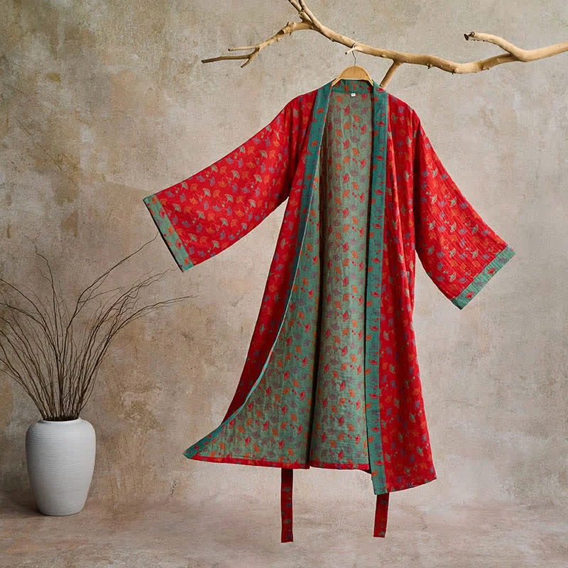 Clean Ownkoti Two-Tone Ginkgo Cotton Gauze Kimono Robe Pure
