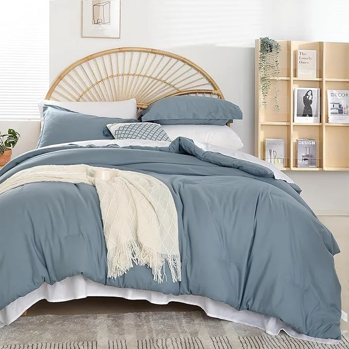 Practical weigelia Dusty Blue Comforter Set 7 Pieces Queen Comforter Set Soft Lightweight Comforters Queen Size Bedding Set with Sheets for All Season Fine Crafted