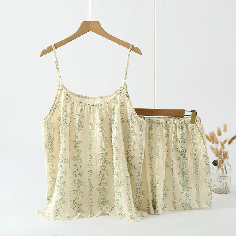 Trendy Ownkoti Green Floral Stripe Cotton Cami Pajamas Contemporary