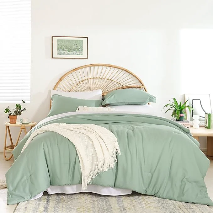Exceptional weigelia Bedding Set - 7pcs Sage Green Comforter Set for Queen Bed with Microfiber Sheets Pillow Shams and Pillowcases - All Season Boho Style Versatile