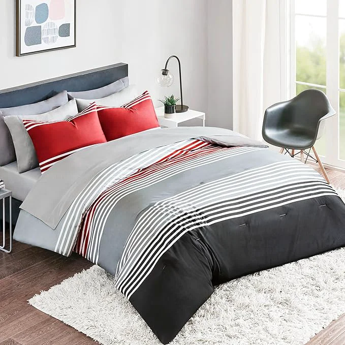 Eco-Friendly Comfort Spaces Comforter Sets with Sheets - Bed in a Bag 9 Pieces Teen Bedding Sets Red and Grey Stripes Bedding Full College Full Bed Set with 2 Side Pockets Bedroom Organizer Reusable