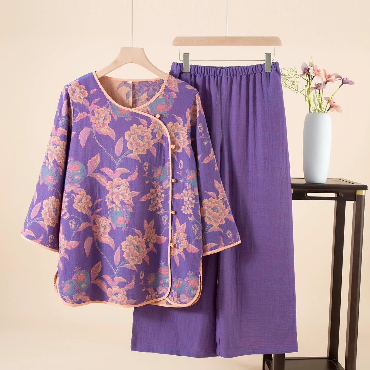 Classic Ownkoti Oriental Style Peony Pomegranate Cotton Sleepwear Trendy