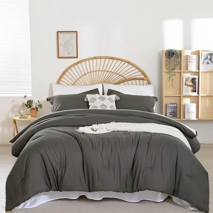 Functional weigelia Queen Comforter Set 7 Pieces Bed Comforter Set Dark Grey Comforter Queen Size Soft Microfiber Comforter with Fitted Sheets Flat Sheets Pillow Shams and Pillowcases Fast