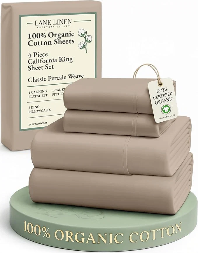 LANE LINEN Organic Cotton California King Sheets Set 4-Piece Organic Cotton Percale Weave Ultra Soft amp Comfy Machine Washable Mercerized Bed Sheets Fits Mattress Upto 15 quot Deep - Taupe Elegant
