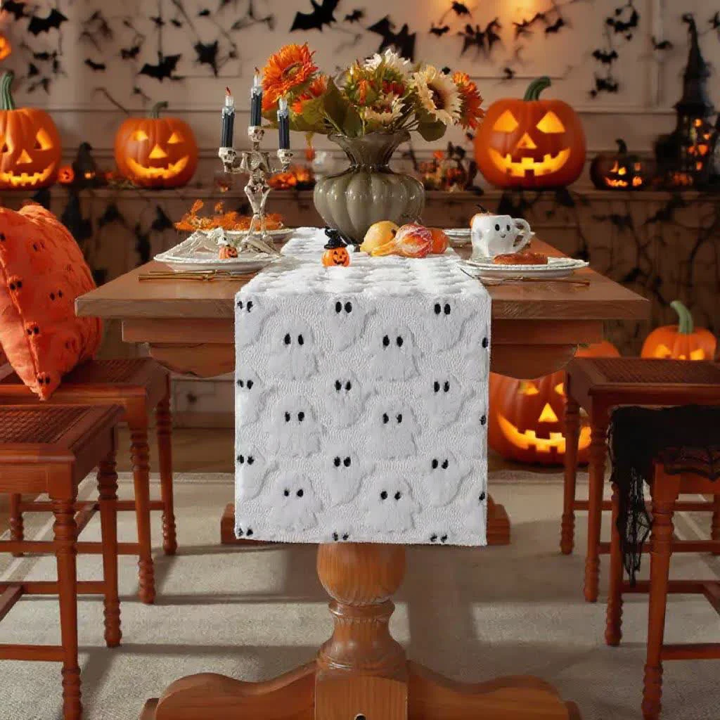 Functional Ownkoti Halloween Plush Ghost Embroidered Table Runner High-Performance