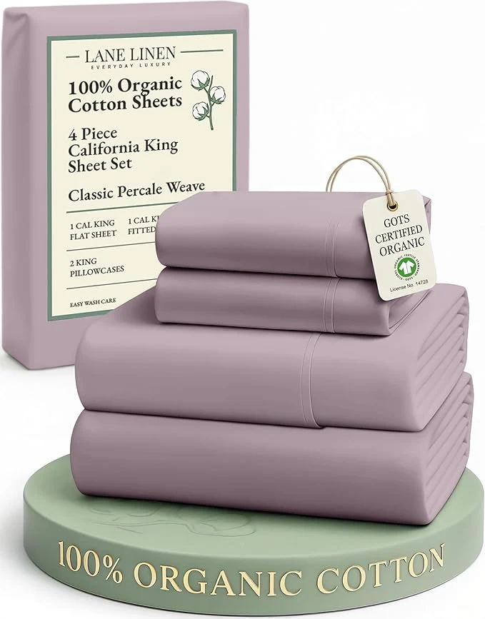 Quality LANE LINEN Organic Cotton Cal King Size Bed Sheets Sustainably Produced Okeo Tex California King Cotton Sheets Luxury Hotel Percale Soft amp Comfy Comes in Variety of Colors -Lilac Consistent