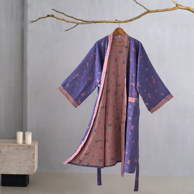 Convenient Ownkoti Butterfly Cotton Gauze Kimono Robe Detailed