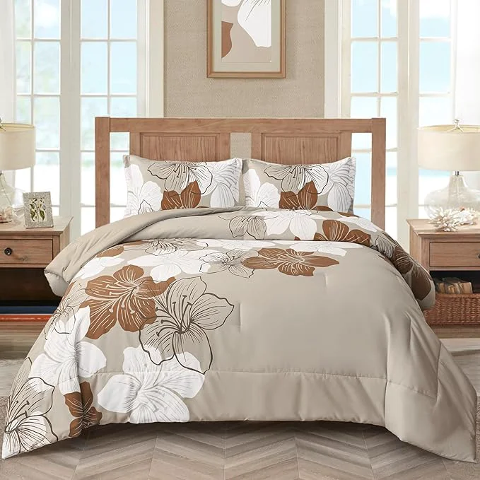 Sophisticated Menghomeus Brown Comforter Set California King Taupe Floral Comforter Cal King Botanical Bedding Sets Soft Microfiber Bed Set for All Season 3 Pieces 1 Comforter 2 Pillowcases Expertly Made