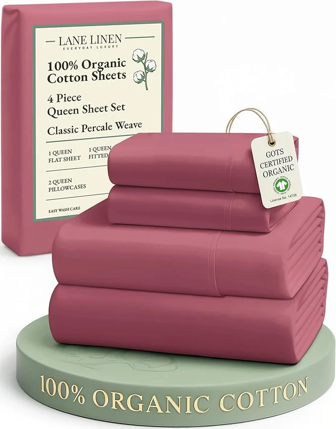 Recyclable LANE LINEN Organic Cotton Queen Sized Sheets Fuly Elasticized Mercerized Low Pill Fade Resistant Percale Weave Bedsheets for Queen Size Bed Soft and Comfy Sheet amp Pillowcase Sets - Mineral Red Durable
