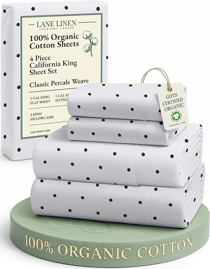 Original Design LANE LINEN Organic Cotton Printed California King Sheets Set Fully Elasticized Reinforsed Seams in Fitted Pocket Naturally Cooling All Season Cal King Sheet Deep Pocket Bedding- Polka Dot Long-Lasting