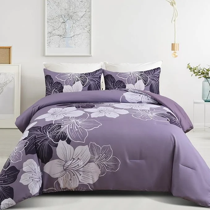 Fashionable Menghomeus Dark Purple Comforter Set Full Floral Bedding Comforter Sets - Soft Microfiber Bed Set for All Season 3 Piece Botanical Flowers Comforter Pillowcases Expertly Made