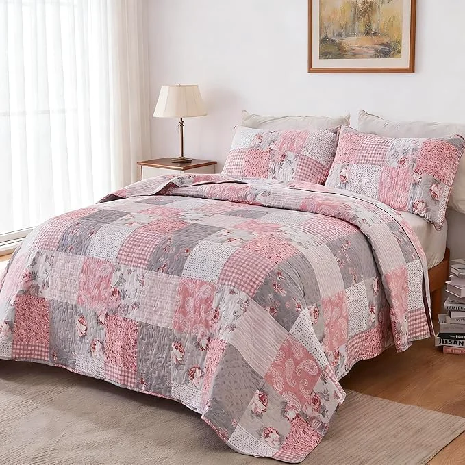 Responsible Oversized Alaska King Size Quilt Set Pink Grey Floral Plaid Patchwork Quilt 132x120 Extra Wide Super Reversible Quilted Bedspread Coverlet 3-Piece Comforter Bedding Set Bed Cover with 2 Pillow Shams Oversized King Quilt Alaska King Quilt Pink Patch... High-Grade