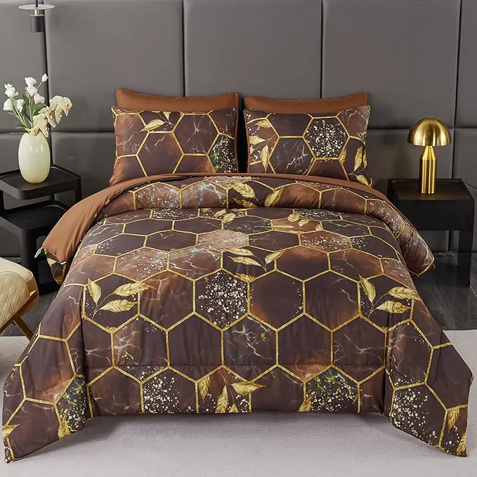 Contemporary ANGIYUIN Brown Gold Comforter Sets King Size Geometric Hexagon Bedding Sets 7 Pieces Marble Comforter Honeycomb Bed in A Bag Foil Print Bed Sets for Women Men Brown King Optimized