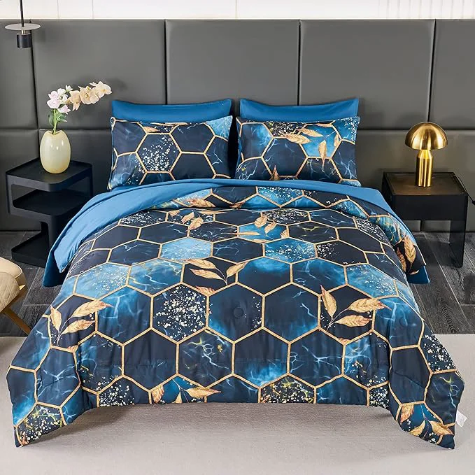 Organic ANGIYUIN 7-Piece Blue Gold Marble Queen Bedding Set Modern Steel Blue Foil Print with Matched Sheets Flexible