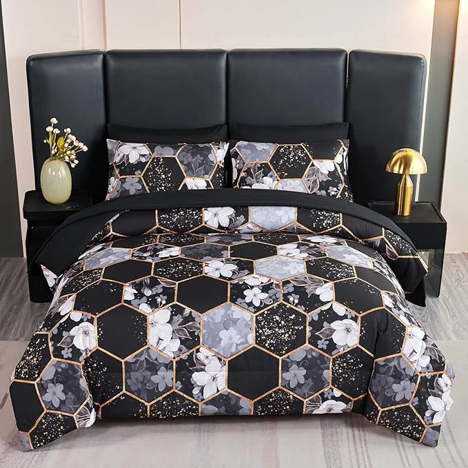 World-Class ANGIYUIN Black Gold Full Comforter Sets Floral Print Bedding Sets 7 Pieces Marble Bed in A Bag with Sheets White Flowers Bedding Comforter Sets for Women Men High-Performance