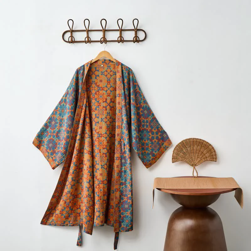 High-End Ownkoti Retro Geometric Pattern Cotton Kimono Robe Verified