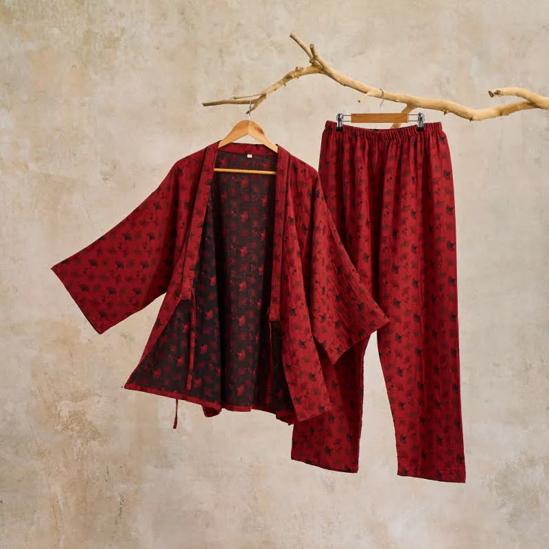 Soft Ownkoti Ginkgo Organic Cotton Kimono Loungewear Set Solid