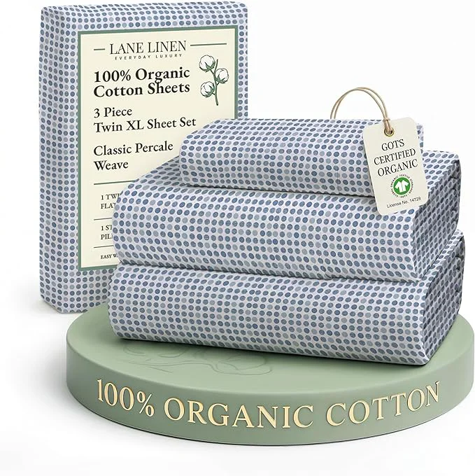 Exclusive LANE LINEN Organic Cotton Pre Washed Extra Long Twin Sheets Low Pill Fade Resistant Macine Wash Naturally Temperature Regulating Printed Cotton Sheets Twin XL Bed Sheets- Polka Dot Blue Green