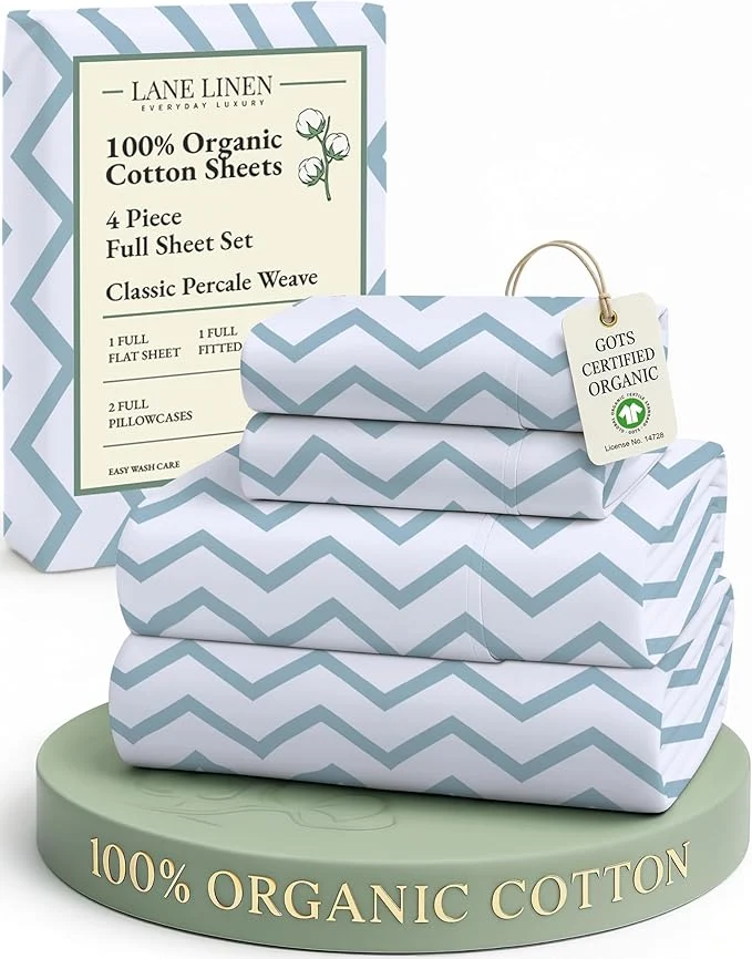 Smart LANE LINEN Organic Cotton Full Size Sheet amp Pillowcase Sets Fully Elasticized Soft amp Comfy Printed Percale Bedding Temperature Regulating Printed Cotton Sheets Full - Chevron Versatile