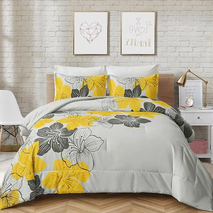 Expertly Made Menghomeus Floral Comforter Set Full Yellow Floral Pattern Printed on Grey - Soft Microfiber Bedding Set Lightweight Boho Bed Comforter Set for All Season 3 Piece Carefully Designed