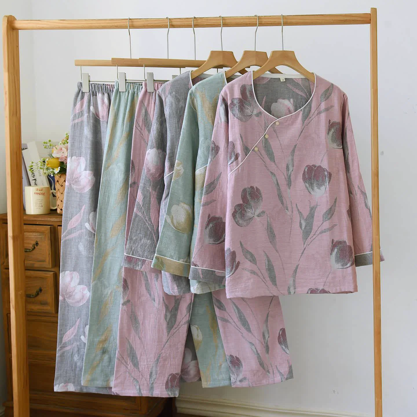 Professional Ownkoti Tulip Cotton Gauze Jacquard Loungewear Set High-Grade