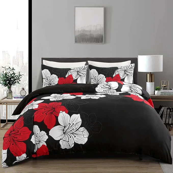High-Quality Menghomeus Black Comforter Set Full Red and White Floral Comforter with 2 Pillowcases Modern Bedding Sets Lightweight Boho Bed Set for All Season 1 Comforter 2 Pillowcases Powerful