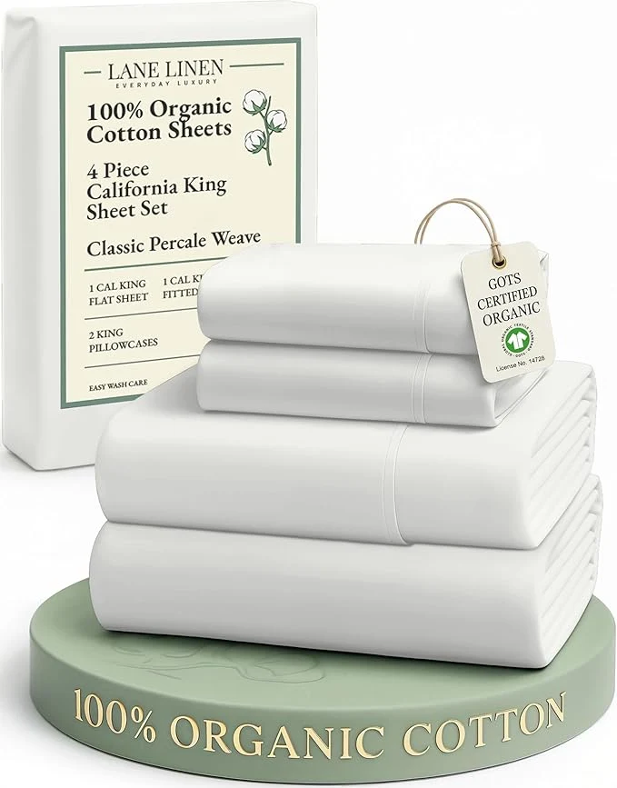 Detailed LANE LINEN Organic Cotton California King Sheets Set 4-Piece Pure Organic Cotton Long Staple Percale Weave Soft Bedding Sheets for Bed Fits Mattress Upto 15 quot Deep - Glacier Grey Secure
