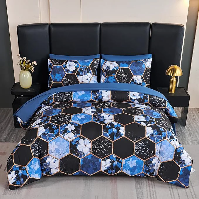 Quality ANGIYUIN 7Pcs Blue Marble King Comforter Sets Floral Bedding Sets Gold Honeycomb Bed in A Bag with Sheets Soft Microfiber Bed Sets for Women Men Next-Generation