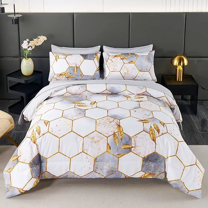 Effective ANGIYUIN 7 Pieces White Gold Comforter Set Full Geometric Foil Print Bed Set Marble Hexagon Bedding Sets Ultra Soft Honeycomb Bed in A Bag for All Season White Full Smooth