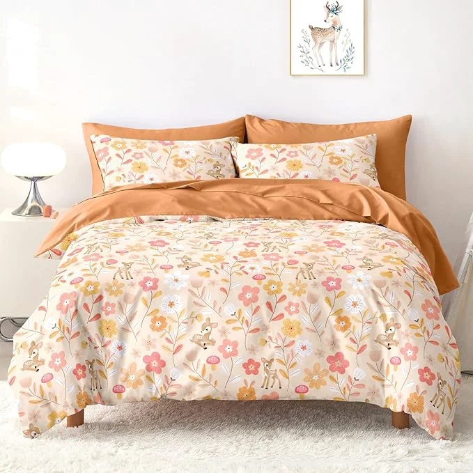 Excellent Wake In Cloud - Floral Bedding Set for Girls Cute Colorful Botanical Flowers Deers Patterned Soft Lightweight Comforter Set with Sheets 5 Pieces Kids Bed in a Bag Orange Brown Twin Size Durable