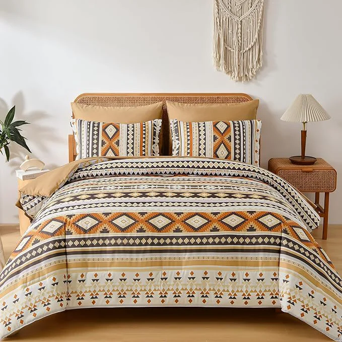 Proven Dinjoy Boho King Size Bed in A Bag 7 Pieces Yellow Brown Comforter Set Aztec Striped Fall Bedding Set Patchwork Complete Set Geometric Pattern Comforters for Women 90 quot ×104 quot Verified