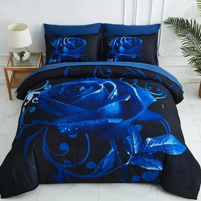 Comfortable Xruibed Blue Comforter Set Queen 7 Piece Bed in a Bag Blue Rose Comforter with Sheet Set Soft Micorfiber Reversible Bedding Set 1 Comforter 2 Pillow Shams 1 Flat Sheet 1 Fitted Sheet 2 Pillowcases Fast