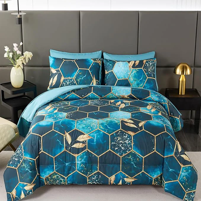 Stylish ANGIYUIN Teal Gold Bedding Set King Geometric Honeycomb Bedding Comforter Sets 7Pcs Hexagon Watercolor Bed in A Bag Marble Foil Print Bed Sets with Sheets Pillowcases Teal King Premium Material