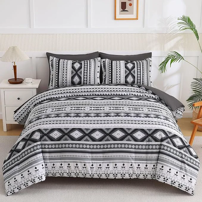 Fine Crafted Dinjoy King Size Comforter Set Boho Dark Gray Bedding Set Stripes 7 Pieces Bed in A Bag Aztec Comforters Black Complete Set Mens Western Bed Sets for Fall Winter 90 quot ×104 quot Effective