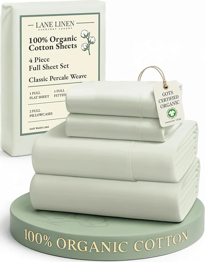 Trendy LANE LINEN Organic Cotton Eco Friendly Full Size Sheet amp Pillowcase Sets Fully Elasticized Soft amp Comfy Percale Bedding Naturally Temperature Regulating Cotton Sheets Full- Mineral Carefully Designed