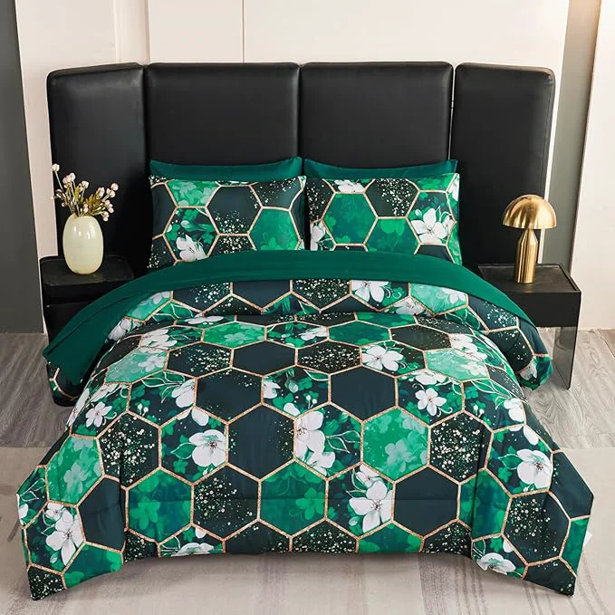 Carefully Designed ANGIYUIN Green Marble California King Size Comforter Sets White Flowers Bedding Sets 7Pcs Gold Honeycomb Bed in A Bag for Women Men Luxury Farmhouse Bed Comforter Sets for All Season Optimized