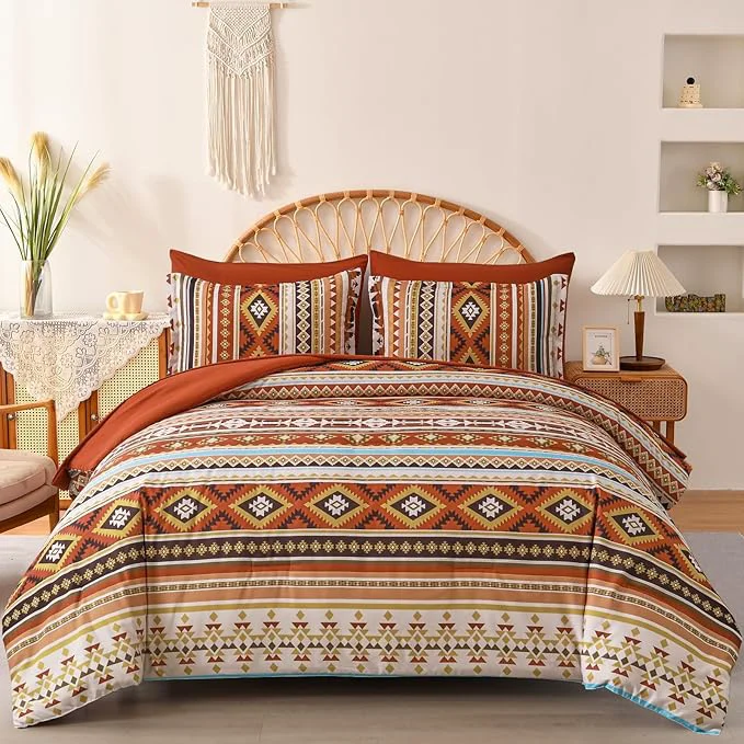 Carefully Designed Dinjoy California King Comforter Set Size Burnt Orange Striped Cali King Bed Set Fall Bedding Sets Terracotta 7 Pieces Boho Bed in a Bag Comforters with Sheets Aztec for Women Trendy