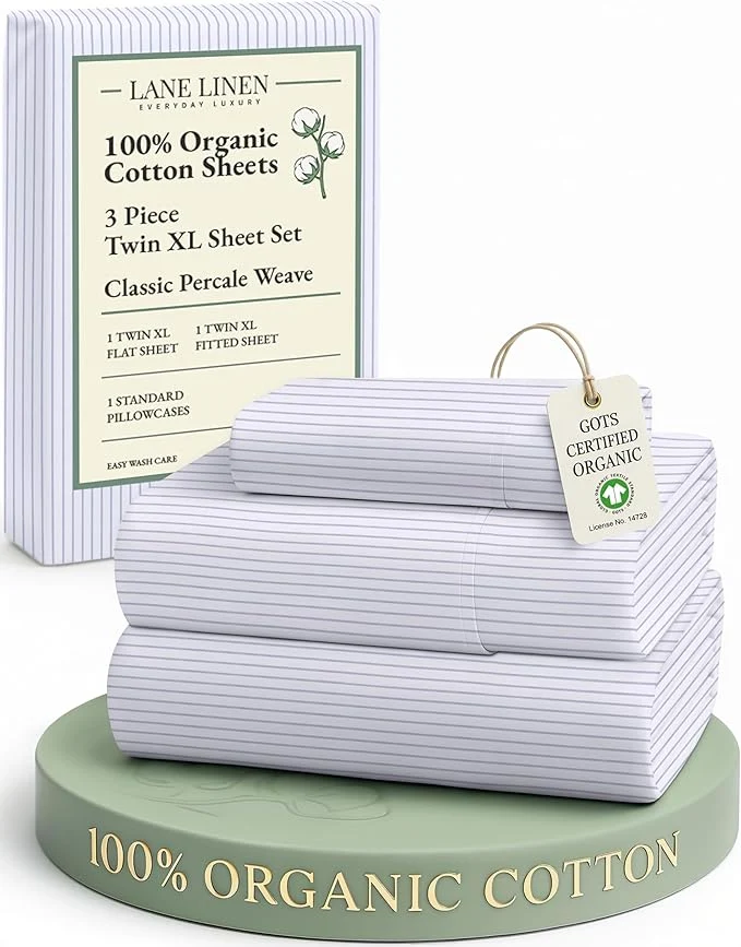 Effective LANE LINEN Organic Cotton Twin XL Sheets Set 3-Piece Pure Percale Bedsheets Bedding Breathable Fits Mattress Upto 15 quot Deep - Blue Ticking Stripe Green