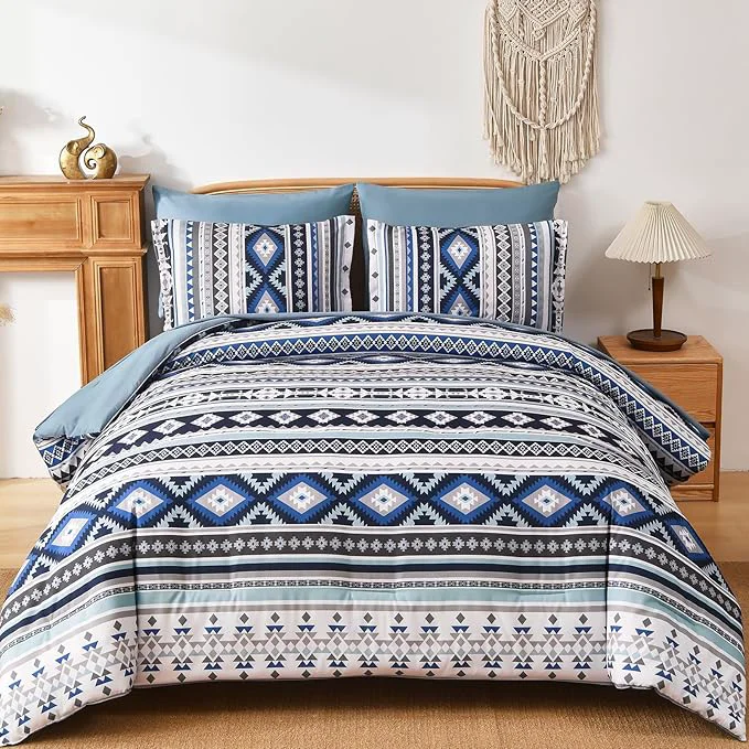 Easy-to-Use Dinjoy Boho King Size Bed in A Bag 7 Pieces Navy Blue Comforter Set Aztec Striped Fall Bedding Set Bohemian Complete Set Geometric Comforters for Women Men 90 quot ×104 quot Sustainable