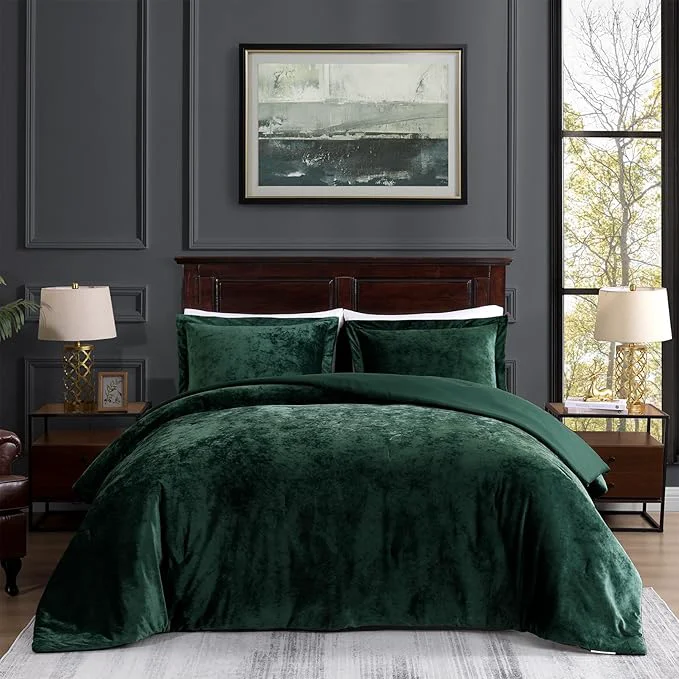 Exceptional TAMGHO Dark Green Comforter Queen Crushed Velvet Bedding for All Seasons Luxury Fluffy Soft 3pc Bed Set Includes 1 Comforter 92 quot x96 quot and 2 Pillow Shams 20 quot x26 Dark Emerald Green Soft Medium Fill Weight Velvet Texture Premium