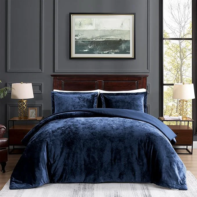 World-Class TAMGHO Navy Blue Velvet Comforter 3pc Queen Set Crushed Velvet Bedding for All Seasons Dark Blue Bed Set 1 Comforter 92 quot x96 quot and 2 Pillow Shams 20 quot x26 quot 2 quot Sustainable
