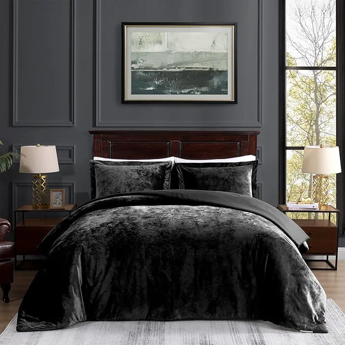Long-Lasting TAMGHO Crushed Velvet Comforter Black Queen Comforter Set Luxury Soft Velvet Bedding Set for All Seasons 3pc Black Bed Set Queen 1 Comforter 92 quot x96 quot and 2 Pillow Shams 20 quot x26 quot 2 quot Smooth