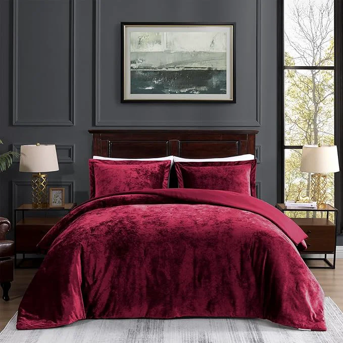 Carefully Designed TAMGHO Crushed Velvet Maroon Burgundy King Size Comforter Set Dark Red Luxury Soft Fluffy Bedding for All Seasons 3 Pcs Bed Set Includes 1 Comforter 108 quot x96 quot and 2 Pillow Shams 20 quot x36 quot Outstanding